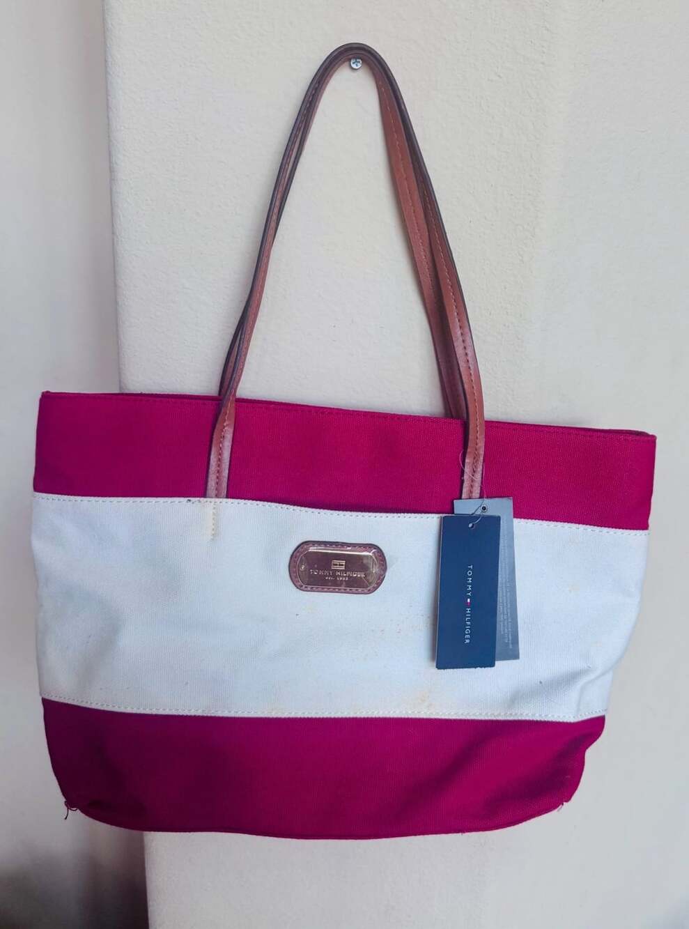NWT Tommy Hilfiger Red and White Striped Canvas Tote Bag with Leather Straps